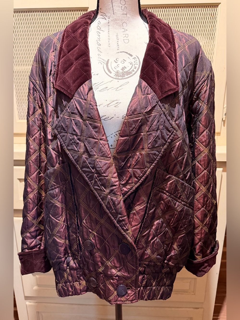 VTG Escada Quilted Silk Wool Velvet Trim Bomber Jacket